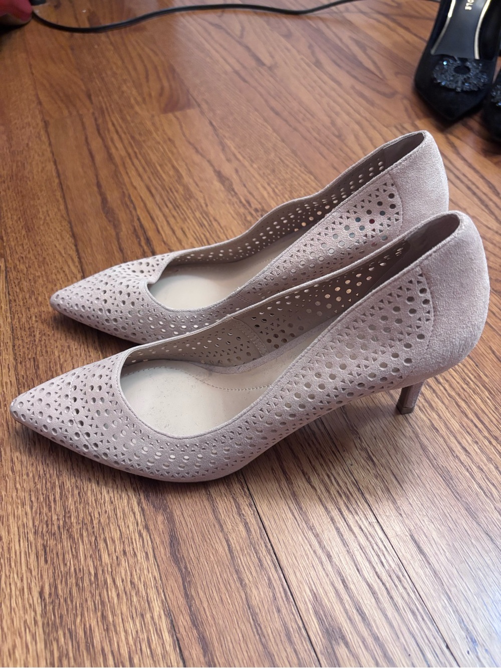 Women's Pointed Toe Perforated Heel Pumps - Neutral Beige